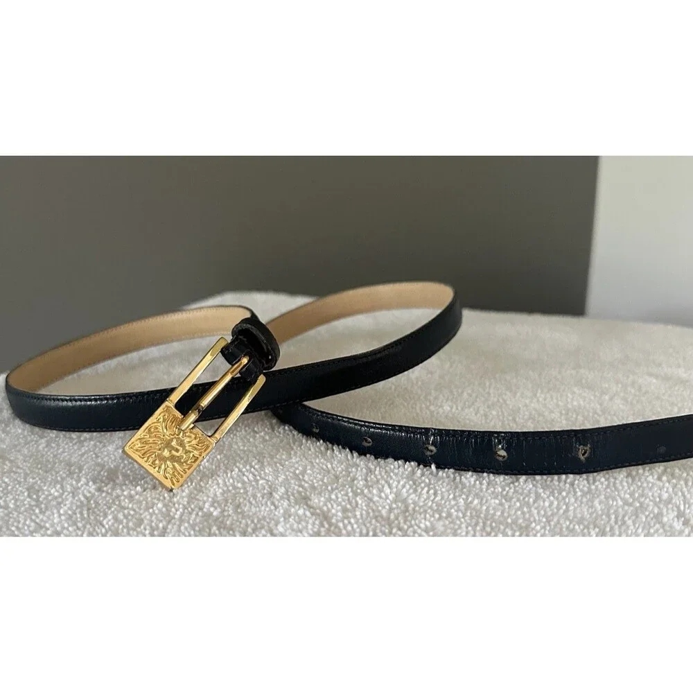 Anne Klein Calderon #8643 Navy Vintage Leather Y2K Belt Gold Lion Buckle Small